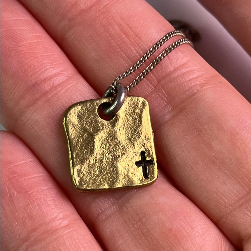 Waxing Poetic Small cross tag necklace - sterling silver and brass -925 22”
